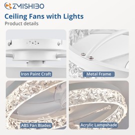 ZMISHIBO 19.7" Ceiling Fans with Lights, Low Profile Ceiling Fan and Remote, Flush Mount Ceiling Fans, Stepless Dimmable LED Light, White Fixtures for Bedroom, Living Room