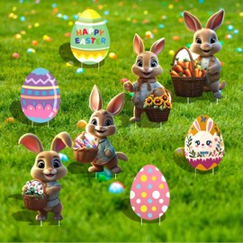 SVNVIOZ Large Easter Bunny Eggs Yard Signs, 8 PCS Bunny Decorations Outdoor with Stakes, Waterproof Lawn Garden Signs for Easter Spring Home Pathway Decor