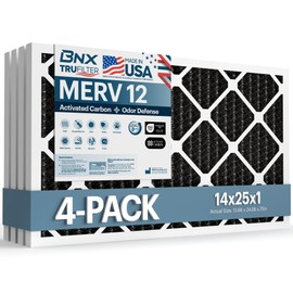 BNX TruFilter 14x25x1 MERV 12 Odor Defense (4-Pack) AC Furnace Air Filter with Activated Carbon - MADE IN USA - Pleated Air Conditioner HVAC AC Furnace Filters - Removes Odor, Mold, Bacteria, Smoke