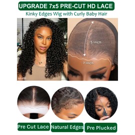 KLAIYI 4C Kinky Edges Curly Bye Bye Knots Glueless Wig 7x5 Pre Cut HD Lace Front Wigs Human Hair Pre Plucked Bleached 30 Easy to Wear and Go Deep Water Wave Ready to Go Wig with Curly Baby Hair 18Inch