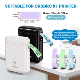ORGBRO X1 Label Maker Tape, Genuine Thermal Label Print Paper 0.47"×1.57"(12×40mm), Standard Laminated Office Labeling Tape Replacement, 160 Tapes/Roll, 3-Roll, Green/Purple/Blue