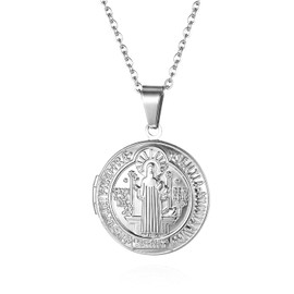 JewelryWe Jewellery Retro Men's Necklace Stainless Steel Saint Benedict Cross Christian Catholic Round Medal Pendant with 22 Inch Chain Silver/Gold, Stainless Steel