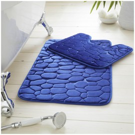 VELVETIO Pebbles Stone Bath Mat & Pedestal Set for Bathroom, Water Absorbent Non Slip 2 Piece Toilet Mats, Extra Soft Shower & Bathtub Rug, (50x80, 50x40 cm) Royal Blue