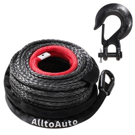 AlltoAuto Winch Rope with Hook, 3/8" x 100'-27,500lbs Dyneema Synthetic Winch Rope Line Cable with Protective Sleeve for Truck 4WD Off-Road Vehicle Winch Accessory Black