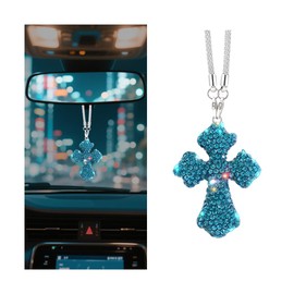 FALVFUN Bling Cross Car Rear View Mirror Hanging Ornament, Crystal Rhinestones Religious Vehicle Rearview Mirror Pendant Charm, Auto Interior Decoration Accessories, Universal Fit (Blue)