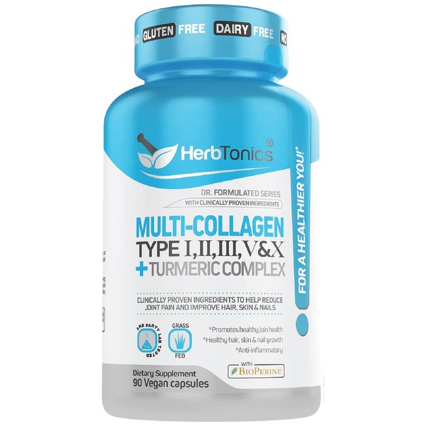 Multi Collagen Capsules (Types 1 2 3 5 and 10) | Hydrolyzed Protein Peptide Grass fed Plus Bone Broth Type 1 2 3 5 10 Healthy Hair Skin Nails (with Turmeric)