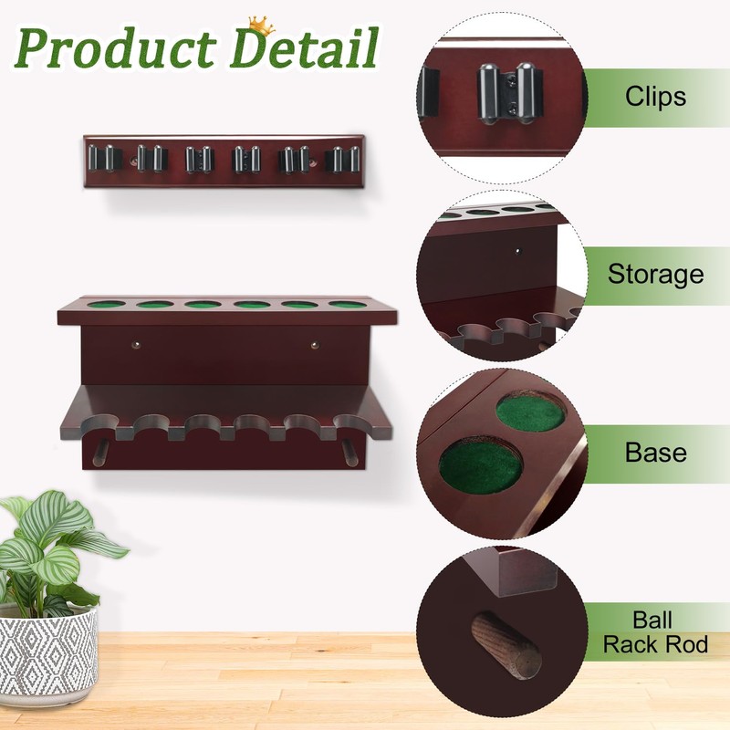 Pool Stick Holder Wall Mount,Hardwood Billiards Pool Cue Rack, Pool