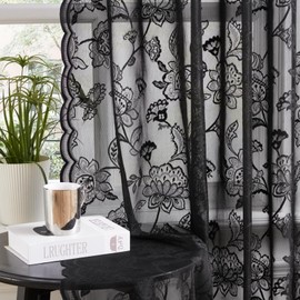 SEEKRIGHT Black Lace Curtains 84 Inches Long Sheer Floral Curtains for Living Room Bedroom Rod Pocket Light Filtering Vintage Lotus Leaf Lace Fabric Curtain for Dining Room Neutral Goth Decor, 52x84