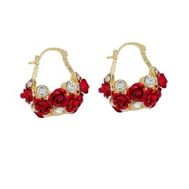 Vintage Rose Flower Hoop Earrings for Women Girls Diamond Crystal Blossoms Floral Cuffs Huggie Hoops Statement Earrings Wedding Earrings Christmas Jewelry Gifts 14K Gold Plated (Red)