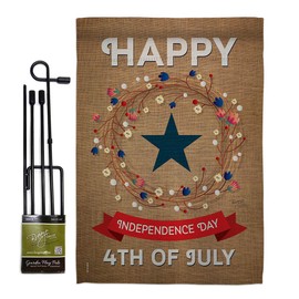 Independence Day Garden Flag Set with Stand Americana Fourth of July Fireworks BBQ United State American Small Decorative Gift Yard House Banner Double-Sided Made In USA 13 X 18.5