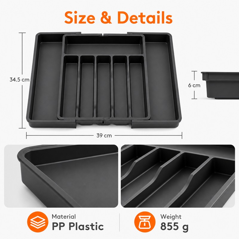 Expandable Silverware Drawer Organizer for Cutlery - Adjustable Plastic Utensil