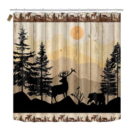 SKAILIÉ 4PCS Rustic Deer Shower Curtain Set, Mountain Pine Tree Forest Black Bear Elk Moose Wildlife Animal Hunting Cabin Lodge Country Farmhouse Bathroom Decor Non-slip Bath Mat Toilet Rugs, Woodland