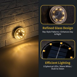 OPOIRA Glass Solar Deck Lights with Ray Style, Modular-Design Waterproof Outdoor Fence Lights for Stairs Step Yard Patio Garden Wall Pathway, Decorative Patio Table Lighting, Warm White (2 Pack)