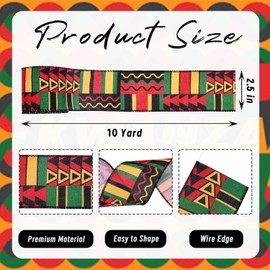Sanixin 1 Roll 10 Yards Kwanzaa Wired Ribbon 2.5 Inch African American Black History Month Juneteenth Fabric Ribbon for Bow Wreath Gift Wrapping Supplies(1 Roll)