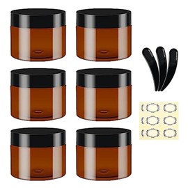 6 Pack 100ml Empty Amber Plastic Jars with Black Lid, 3 Spatulas and 6 Labels - Apstaqeoo Round Cosmetic Containers, Refillable Cosmetic Jars, Travel Jars, Slime Jars for