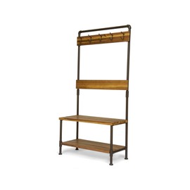 Christopher Knight Home Kay Indoor Industrial Acacia Wood Bench with Shelf and Coat Hooks, Teak Finish + Rustic Metal