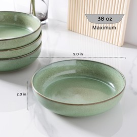 GBHOME 8.75'' Large Ceramic Pasta Bowls, 38oz Stoneware Pasta Serving Bowls Set of 4 for Kitchen, Wide Bowls for Fruit,Pasta,Salad,Oatmeal,Meal, Microwave Safe, Reactive Glaze-Pastel Green