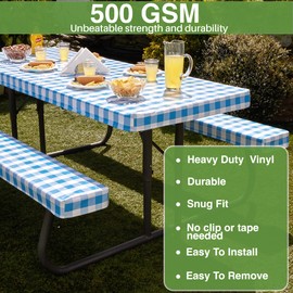 Hudson Comfort Picnic Table Cover with Bench Covers – 500 GSM Reusable Heavy Duty Vinyl Outdoor Table Cover - Waterproof Picnic Tablecloth with Carry Case (Blue, 72x30 Inch) (6 Feet Long)