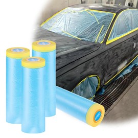4 Rolls 60 in x 65 Ft Painters Plastic with Tape, Pre-Taped Masking Film, Tape and Drape, Paint Adhesive Protective Film Roll for Automotive Painting Covering, Automotive Best Masking Tape Painting