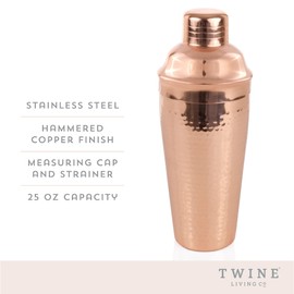 Twine Hammered Copper Cocktail Shaker, Stainless Steel Cobbler Shaker With Strainer, Copper Plated, 25 Ounces, Set of 1