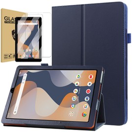 elitegadget Case for Onn 7 Inch Tablet (2024 Model) Gen 4 - Slim Lightweight Folio PU Leather Folding Stand Cover Case + 2 Pieces Glass Screen Protector (Navy Blue)