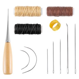12PCS Leather Sewing Needle 12m Waxed Thread Kit,Leather Repair Kit Curved Needle Cord Drilling Awl and Thimble for Carpet Furs Canvas Repair,Fabric Sewing DIY Crafts and Embroidery Supplies