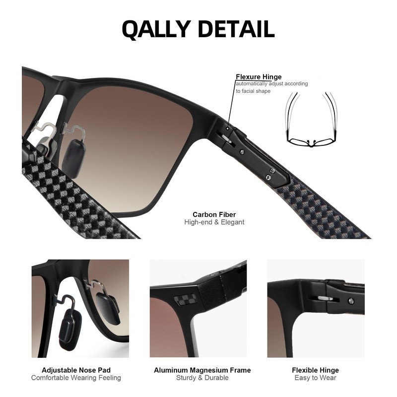 QALLY Carbon Fiber Polarized Sunglasses for Men Trendy Driving Sunglasses