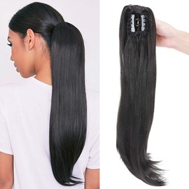 22" Claw On Ponytail Extensions Slightly Wavy Tails Clip In Hairpieces Long Curly Ponytail Synthetic For Women Ladies, Natural Black