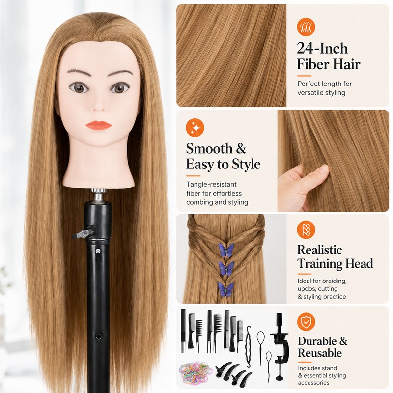 24-Inch Hairdressing Mannequin Head with Synthetic Fiber Hair – Styling,