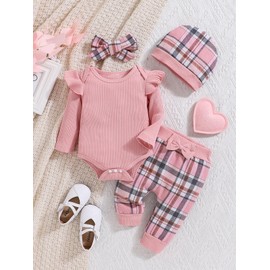 3-6 Month Girl Clothes Baby Girl Clothes Newborn Infant Fall Outfit Ruffle Romper Long Sleeve Top + Plaid Pants + Cute Headband +Hat Pink