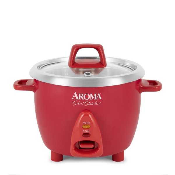 Aroma Housewares Select Stainless Rice Cooker & Warmer with Uncoated Inner Pot, 6-Cup(cooked)/ 1.2Qt, ARC-753SGR, Red