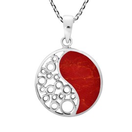 AeraVida Sacred Balance Yin and Yang Reconstructed Red Coral Inlay .925 Sterling Silver Pendant Necklace | Yin and Yang Red Coral Necklace