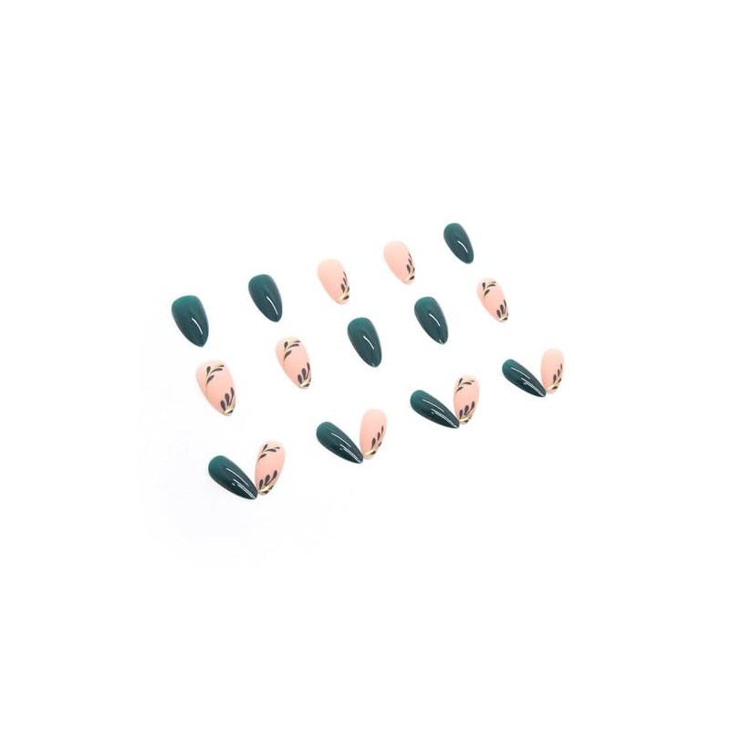 Uñas Postizas Almendradas Cortas, Medianas, Verdes, Con Diseño De Hoja