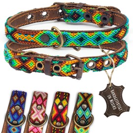 ALTEZAR Leather Dog Collar - Brown Cowhide Tribal Green/Brown/Beige Embroidered throughout - Handmade in Mexico Leather Dog Collar - Size XS - for Very Small Dogs