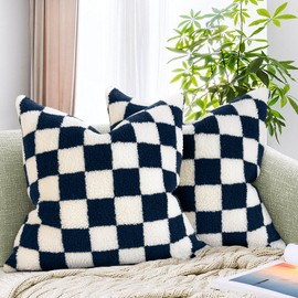 AmHoo Pack of 2 Decorative Throw Pillow Covers Checkerboard Luxury Super Soft Faux Fur Wool Set Case Cushion for Couch Sofa Bedroom 16 x 16-Inch Navy Blue