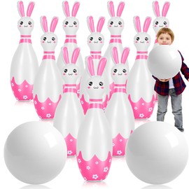 Foilswirl 12 Pcs Kids Easter Bunny Bowling Set with 10 Bunny Bowling Pins and 2 Balls Inflatable Easter Bunny Games and Toys for Girls Boys Indoor Outdoor Party Event Family Holiday Activity