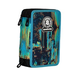 Invicta Schulmäppchen mit 3 Reißverschlüssen, Fantasy, blau und schwarz, dreifach Fach komplett mit Stiften, Bleistiften und Markern, Zubehör für die Schule, Rucksackzubehör, Grundschule, Kinder,