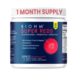 BIOHM Super Reds, Beet Root Powder Antioxidant Beets and Smoothie Mix with Tart Cherry Extract and 19 Red Whole Foods Packed with Prebiotics and Probiotics, Non-GMO, Red Berry Flavor (30 Servings)