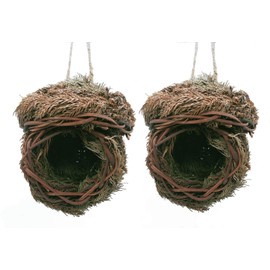 Grass Bird House Roosting Pocket for Bird Outside Hanging Hideaway Hut Woven Nest Cozy Resting Place for Hummingbirds Finch Canary (Pine Needle Birdhouse 2 Pack)