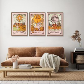 ZZTCYSU Celestial Framed Wall Art Tarot Sun Moon Star Canvas Wall Art Vintage Prints Gothic Mystical Astrology Artwork For Living Room Bedroom Bathroom 12"x16"