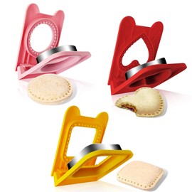 3PCS Sandwich Cutter and Sealer,Fun Cookie Cutters,2-In-1 Sandwich Cutter and Sealer,Pocket Sandwiches Cutter,Sandwich Cutters for Kids Fun Lunchables (Pink Round+Red Heart+Yellow Square)