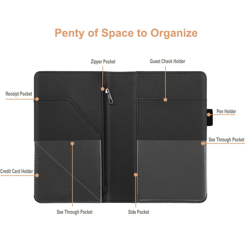 RSAquar Server Book Organizer with Zipper Pocket, PU Leather Restaurant