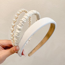 VKLANBGO 3pcs White Headbands for Women, Non Slip Flower Headband Set, Cute Pearl Headbands for Girls, Hair Accessories Birthday Thanksgiving Christmas Gift for Girl Women, White