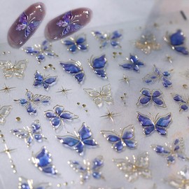 5D Embossed Butterfly Nail Stickers for Nail Art Spring Butterfly Nail Art Stickers Blue Butterflies Silver Edge Design Self Adhesive Silver Star Nails Decals for Women Acrylic Manicure Salon DIY