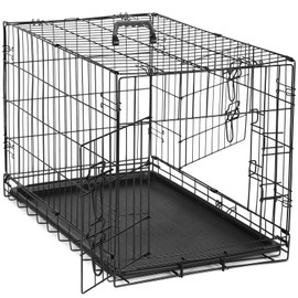 DUMOS Dog Crate, 36 Inch Medium Double Door Dog Cage with Divider Panel and Plastic Leak-Proof Pan Tray, Folding Metal Wire Pet Kennel for Indoor, Outdoor, Travel, Black