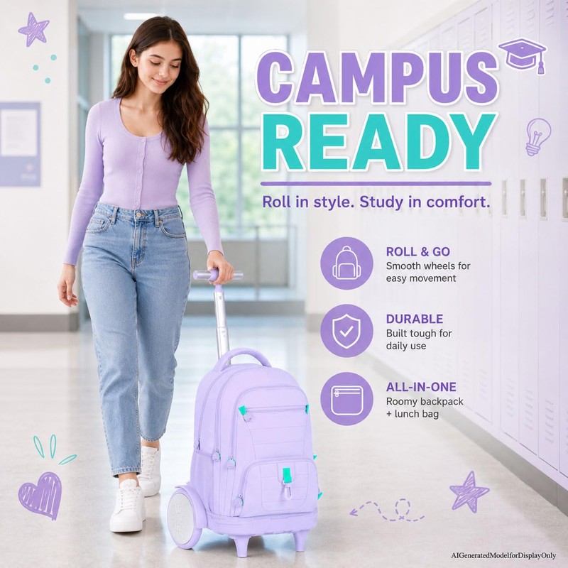 CCJPX 3Pcs Women & Girls Rolling Backpack with Bigger Wheels,
