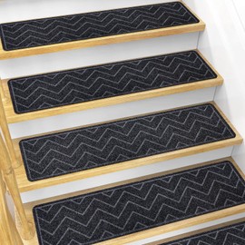 DK177 Stair Treads for Wooden Steps, 15 Pack 8"x30" Non-Slip Indoor Carpet Stair Treads with Reusable Polyester TPE Backing for Kids Elders and Pets (Black, 15PCS)