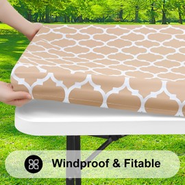 Smiry Rectangle Picnic Table Cover, Waterproof Elastic Fitted Camping Tablecloths for 4 Foot Tables, Wipeable Flannel Backed Vinyl Tablecloth Protector for Indoor, Outdoor (Khaki, 24x48 Inches)