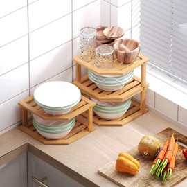 VERTORGAN Corner Shelf, Plate Organizer for Cabinet-Bambo Corner Cabinet Shelf Organization-Suitable for Kitchen Bathroom Countertop（3pc）