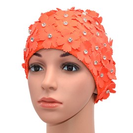 Medifier Manual Rhinestone Floral Petal Retro Style Swimming Cap Swimming Caps for Women Orange